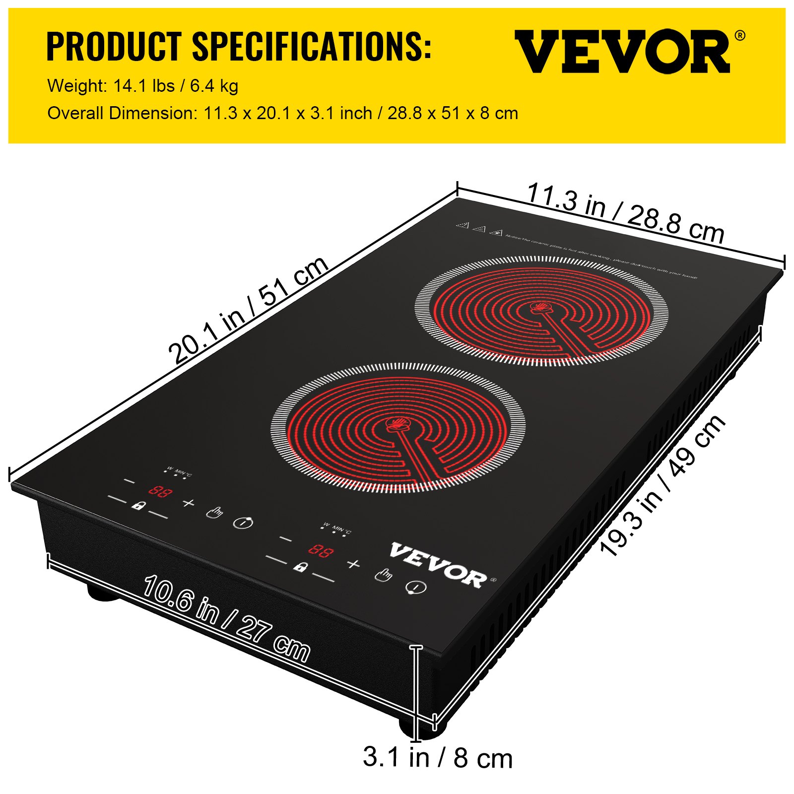 VEVOR Built-in Electric Cooktop Radiant Ceramic Cooktop 11in 2 Burners 220V