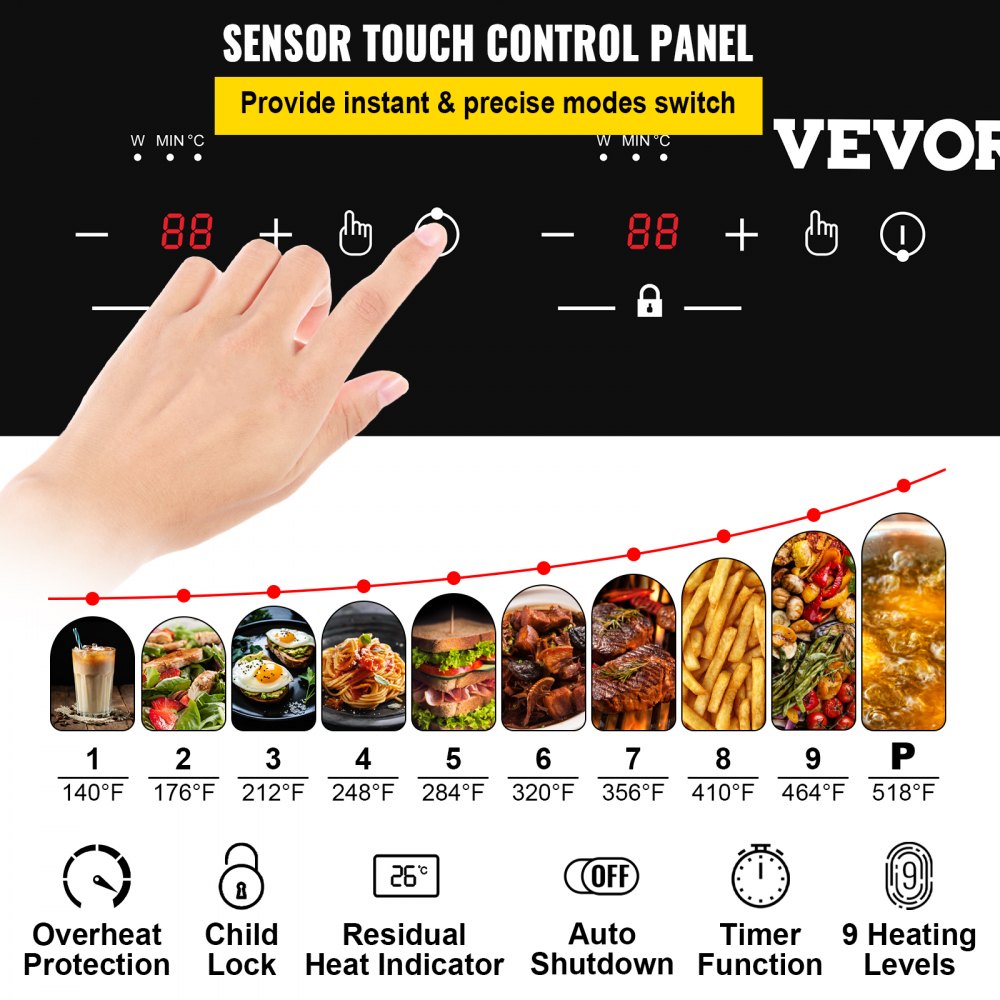 VEVOR Electric Induction Cooktop Built-in Stove Top 11in 2 Burners 220V