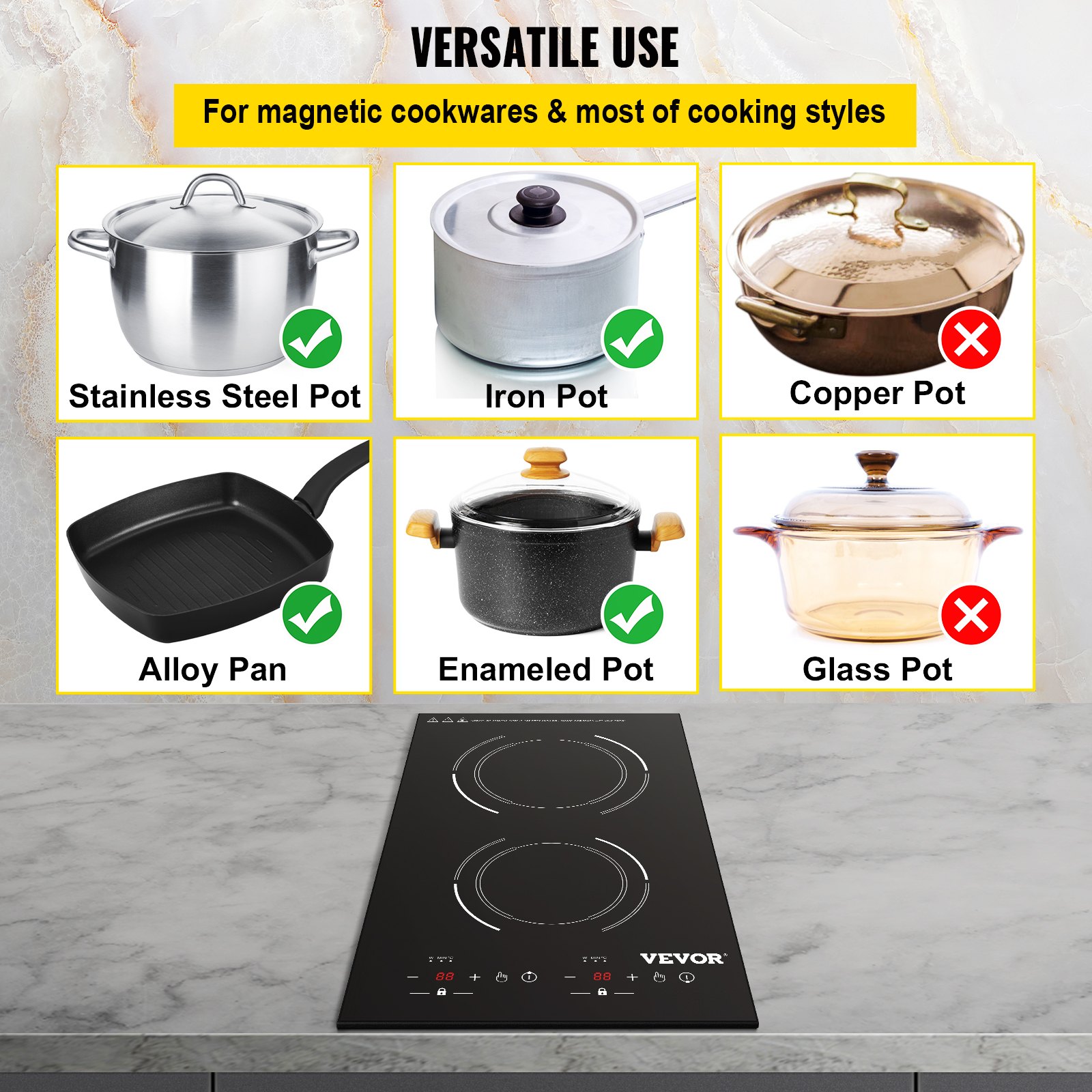 VEVOR Electric Induction Cooktop Built-in Stove Top 11in 2 Burners 220V