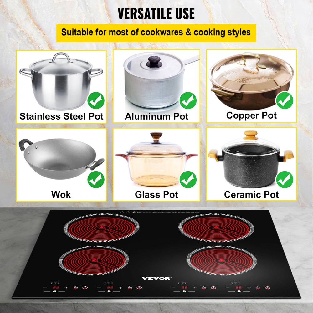 VEVOR Built-in Electric Cooktop Radiant Ceramic Cooktop 23in 4 Burners 220V
