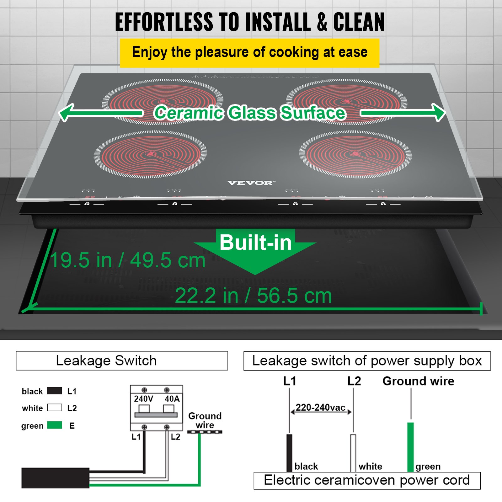 VEVOR Built-in Electric Cooktop Radiant Ceramic Cooktop 23in 4 Burners 220V