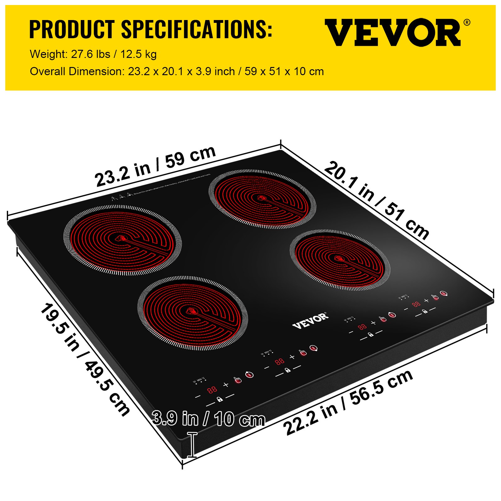 VEVOR Built-in Electric Cooktop Radiant Ceramic Cooktop 23in 4 Burners 220V