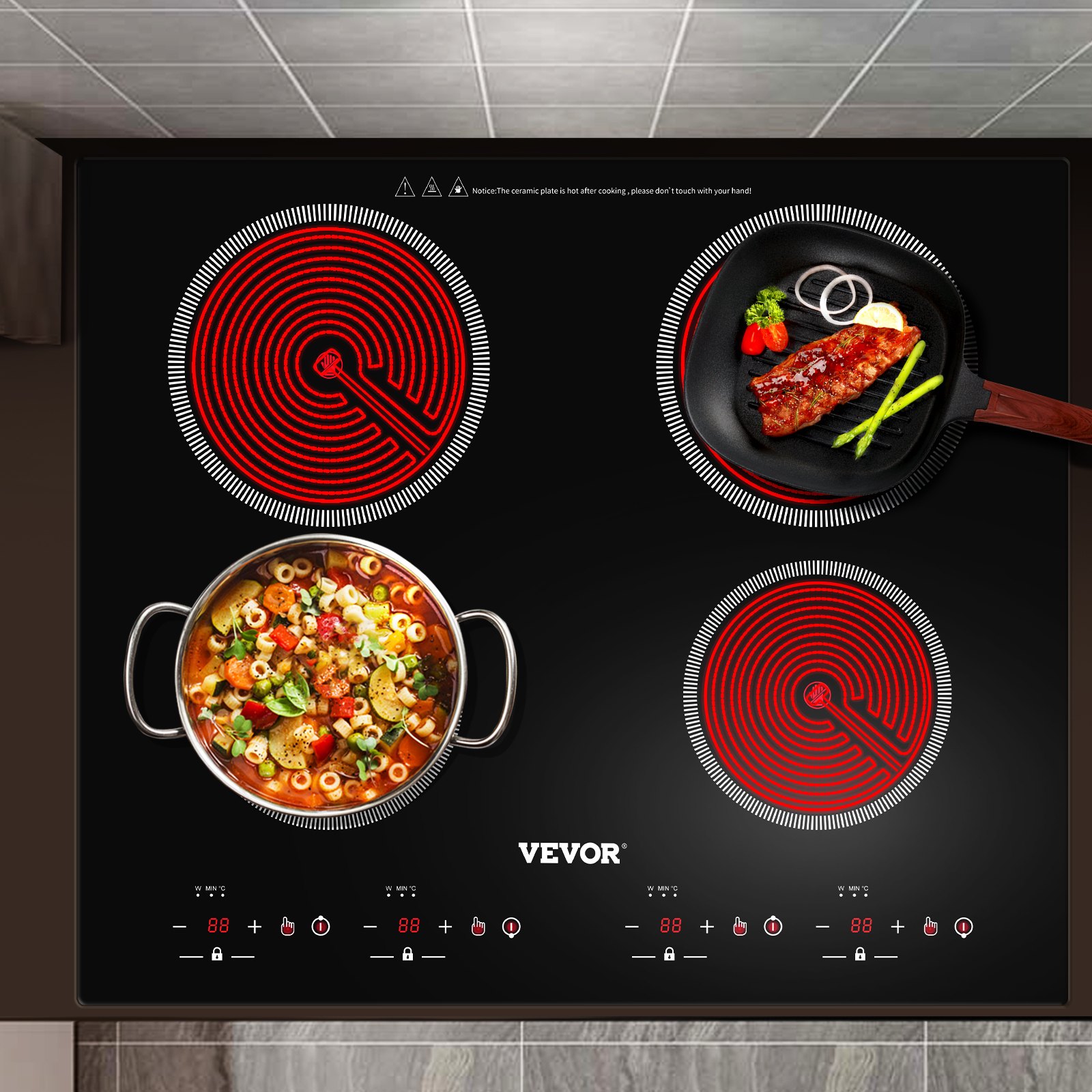 VEVOR Built-in Electric Cooktop Radiant Ceramic Cooktop 23in 4 Burners 220V