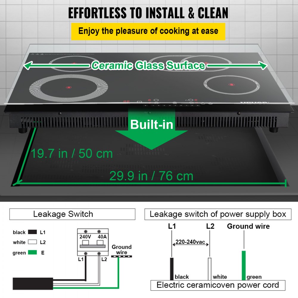 VEVOR Built-in Electric Cooktop Radiant Ceramic Cooktop 30in 4 Burners 220V