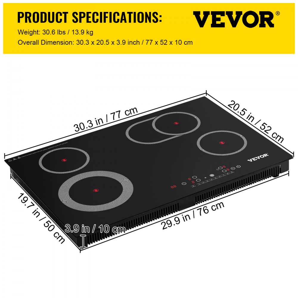 VEVOR Built-in Electric Cooktop Radiant Ceramic Cooktop 30in 4 Burners 220V