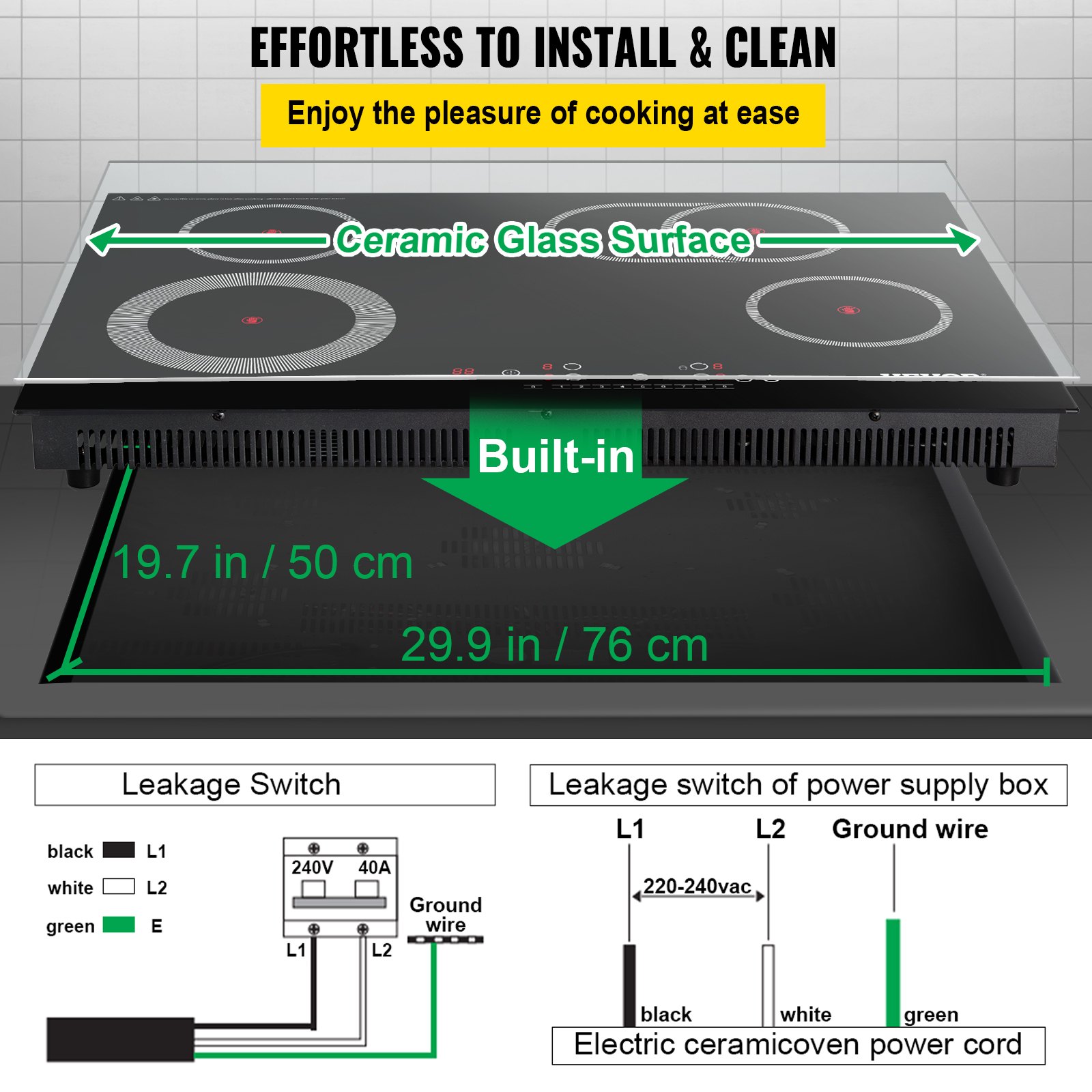 VEVOR Built-in Electric Cooktop Radiant Ceramic Cooktop 30in 4 Burners 220V