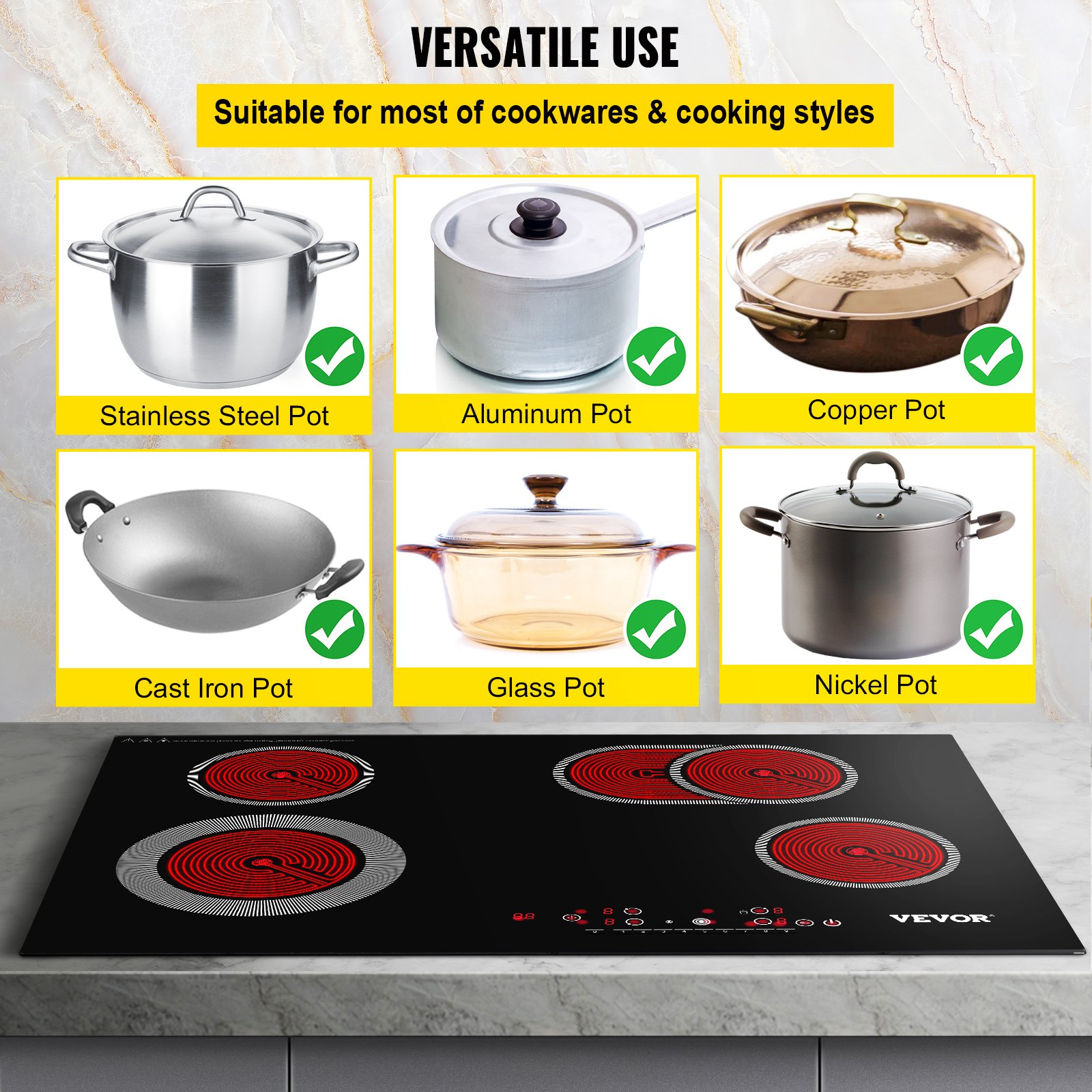 VEVOR Built-in Electric Cooktop Radiant Ceramic Cooktop 30in 4 Burners 220V