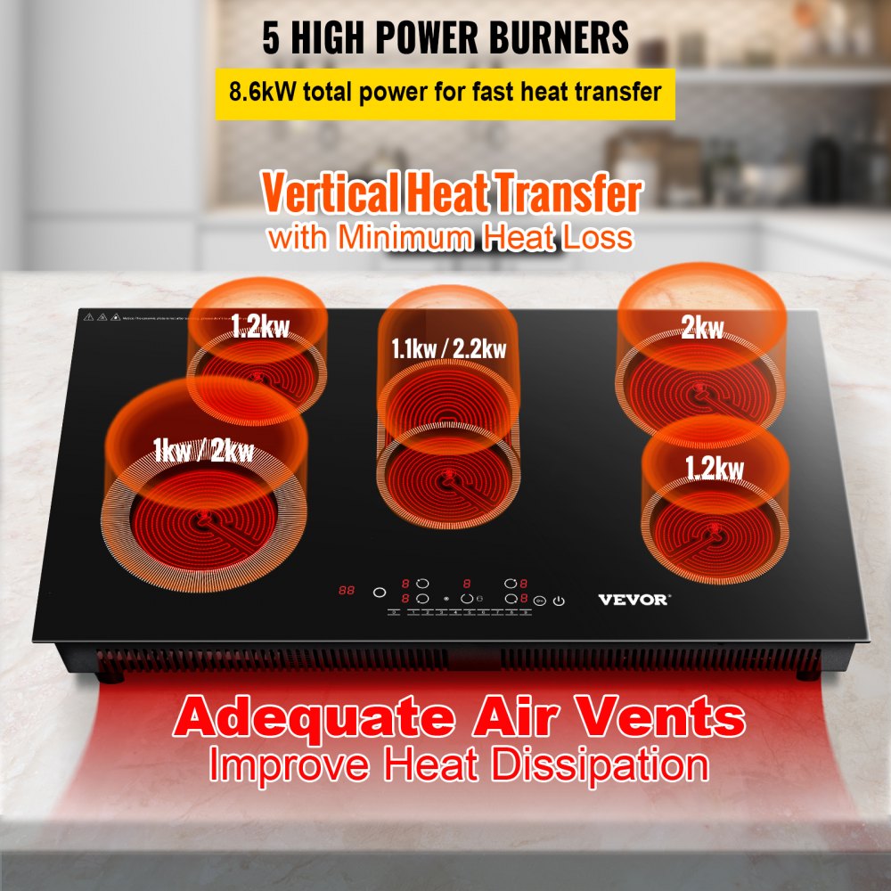 VEVOR Built-in Electric Cooktop Radiant Ceramic Cooktop 35in 5 Burners 220V