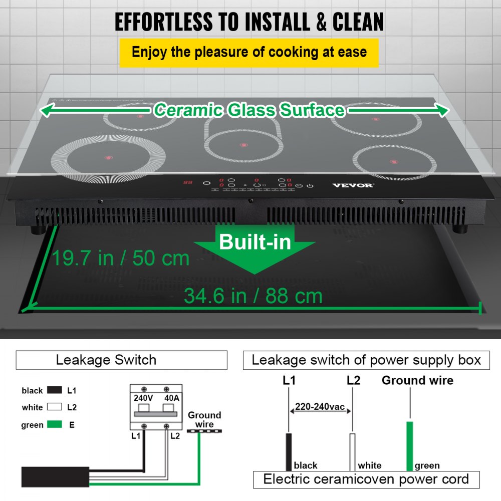 VEVOR Built-in Electric Cooktop Radiant Ceramic Cooktop 35in 5 Burners 220V