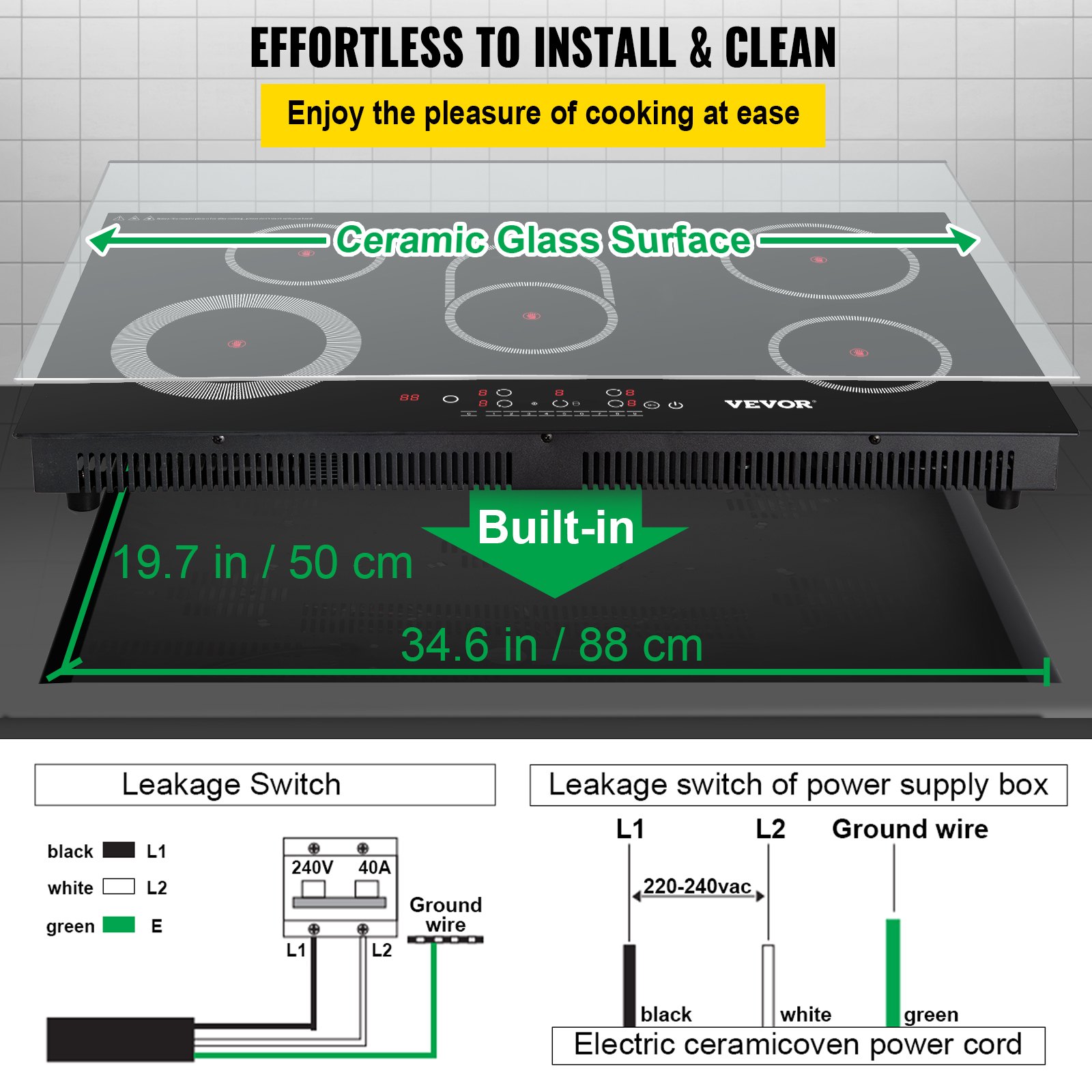 VEVOR Built-in Electric Cooktop Radiant Ceramic Cooktop 35in 5 Burners 220V