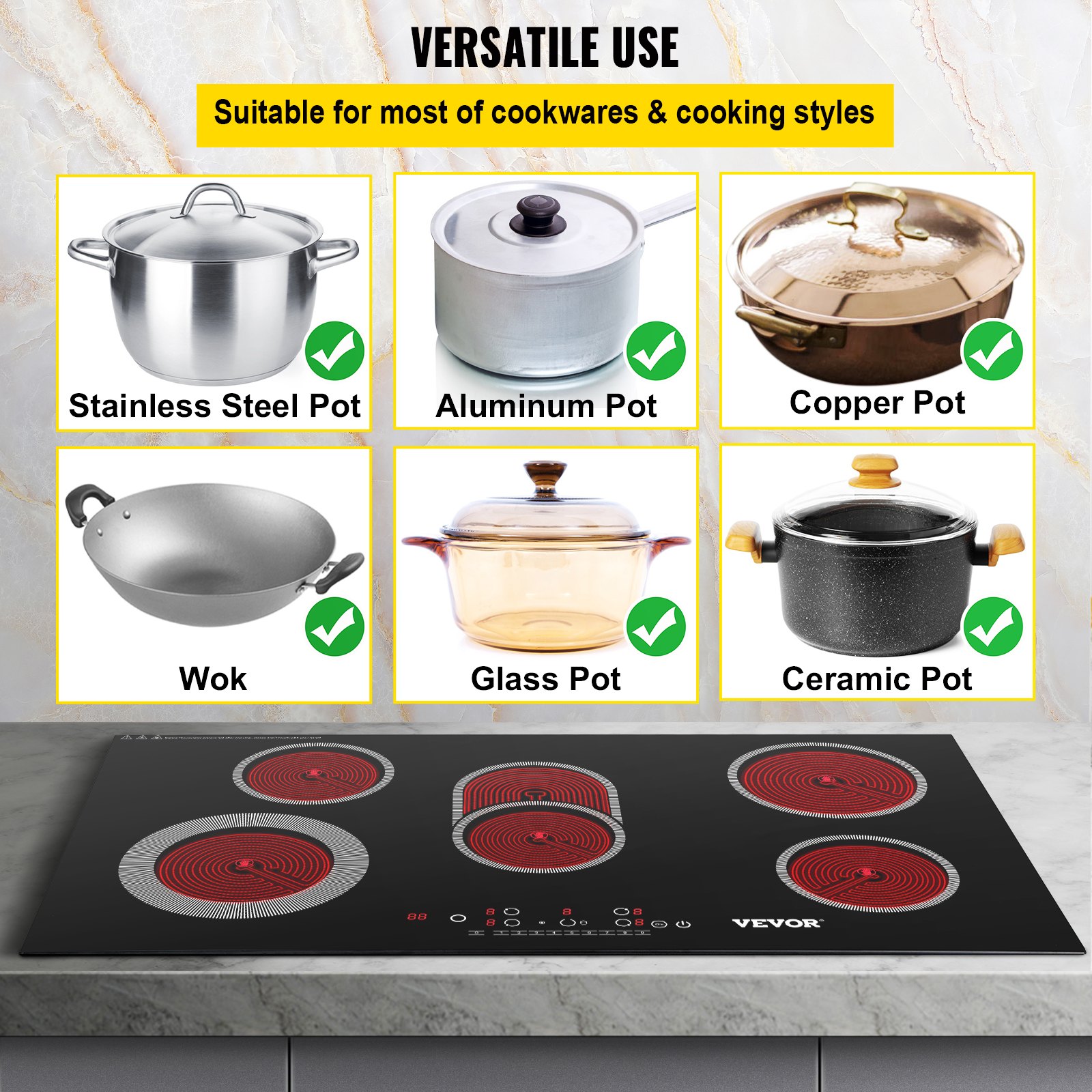 VEVOR Built-in Electric Cooktop Radiant Ceramic Cooktop 35in 5 Burners 220V