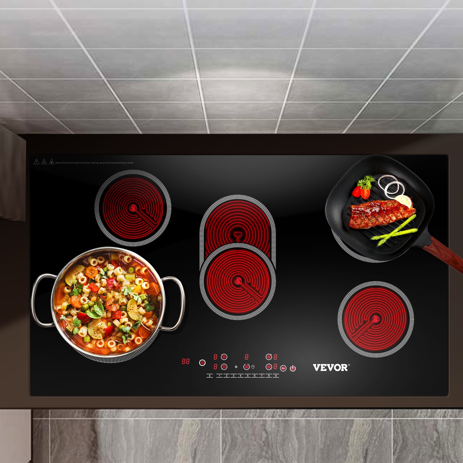 VEVOR Built-in Electric Cooktop Radiant Ceramic Cooktop 35in 5 Burners 220V