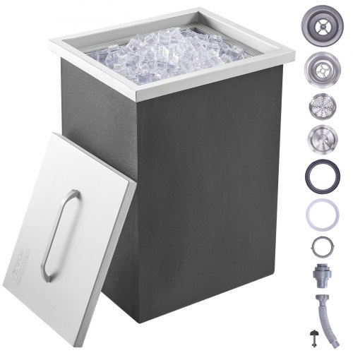 VEVOR Drop in Ice Chest, 14"L x 12"W x 18"H Stainless Steel Ice Cooler, Commercial Ice Bin with Cover, 40 qt Outdoor Kitchen Ice Bar, Drain-pipe and Drain Plug Included, for Cold Wine Beer