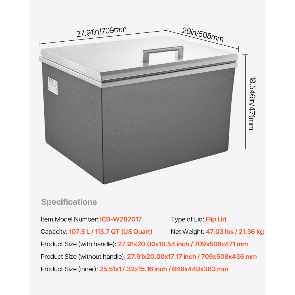 VEVOR Drop in Ice Chest, 28"L x 20"W x 17"H Stainless Steel Drop in Cooler, 113.7 Quart Commercial Ice Bin with Flip Lid for Outdoor Kitchen Patio Bar, Drain-pipe Set Included, for Cold Wine Beer