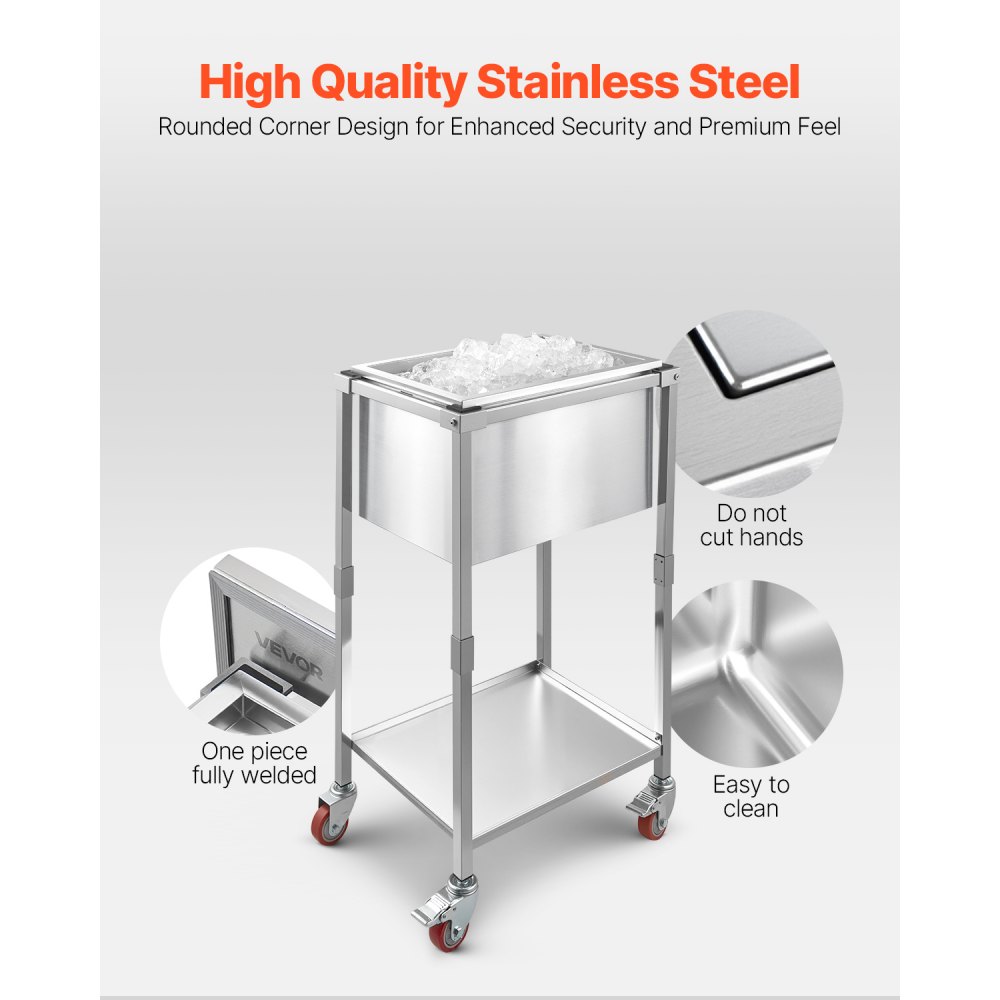 VEVOR Rolling Ice Chest Cooler Cart, 22"L x 16"W x 38"H (553 x 405 x 970 mm) Stainless Steel Cooling Bin on Wheels, 31L Outdoor Stand Up Cooler Trolley with Shelf, for Patio Backyard Party Bar