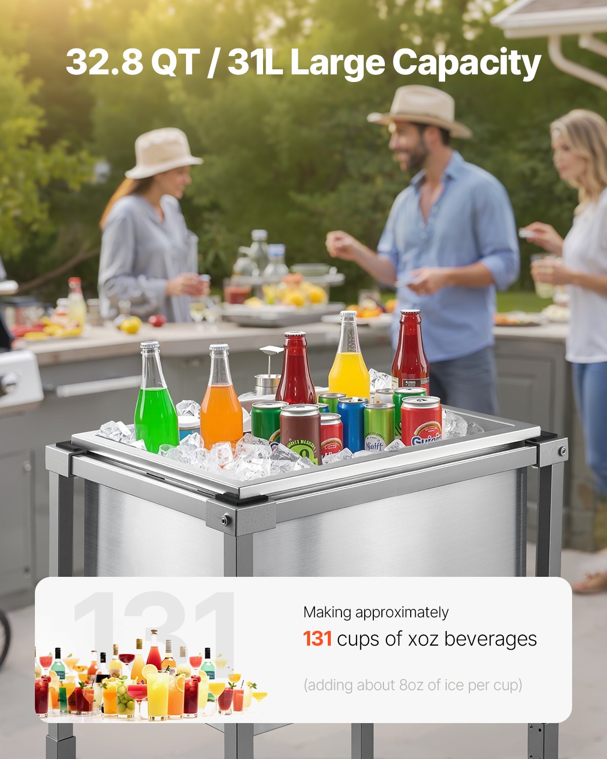 VEVOR Rolling Ice Chest Cooler Cart, 22"L x 16"W x 38"H (553 x 405 x 970 mm) Stainless Steel Cooling Bin on Wheels, 31L Outdoor Stand Up Cooler Trolley with Shelf, for Patio Backyard Party Bar