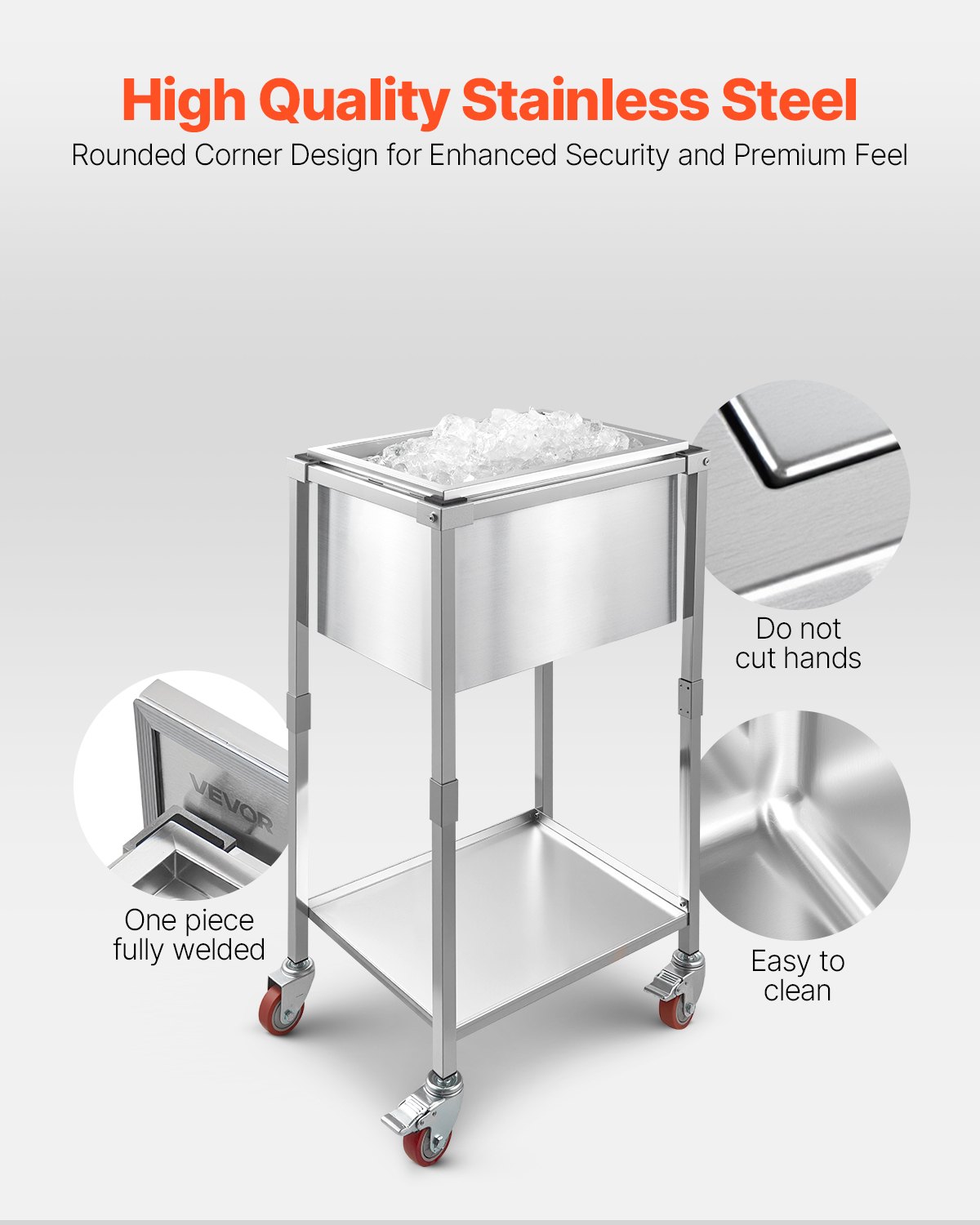VEVOR Rolling Ice Chest Cooler Cart, 22"L x 16"W x 38"H (553 x 405 x 970 mm) Stainless Steel Cooling Bin on Wheels, 31L Outdoor Stand Up Cooler Trolley with Shelf, for Patio Backyard Party Bar
