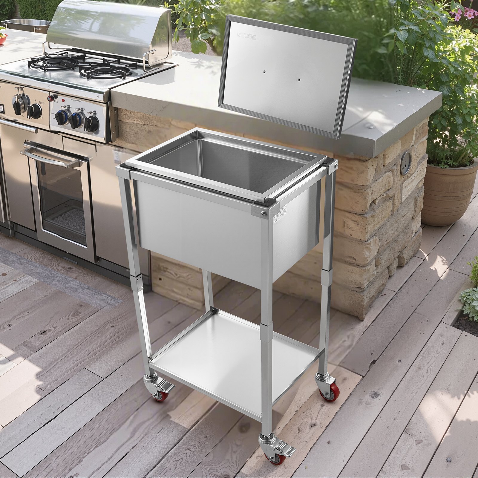 VEVOR Rolling Ice Chest Cooler Cart, 22"L x 16"W x 38"H (553 x 405 x 970 mm) Stainless Steel Cooling Bin on Wheels, 31L Outdoor Stand Up Cooler Trolley with Shelf, for Patio Backyard Party Bar