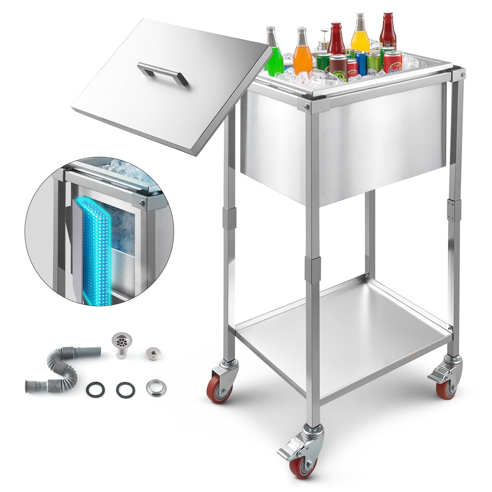 VEVOR Rolling Ice Chest Cooler Cart, 22"L x 16"W x 38"H (553 x 405 x 970 mm) Stainless Steel Cooling Bin on Wheels, 31L Outdoor Stand Up Cooler Trolley with Shelf, for Patio Backyard Party Bar
