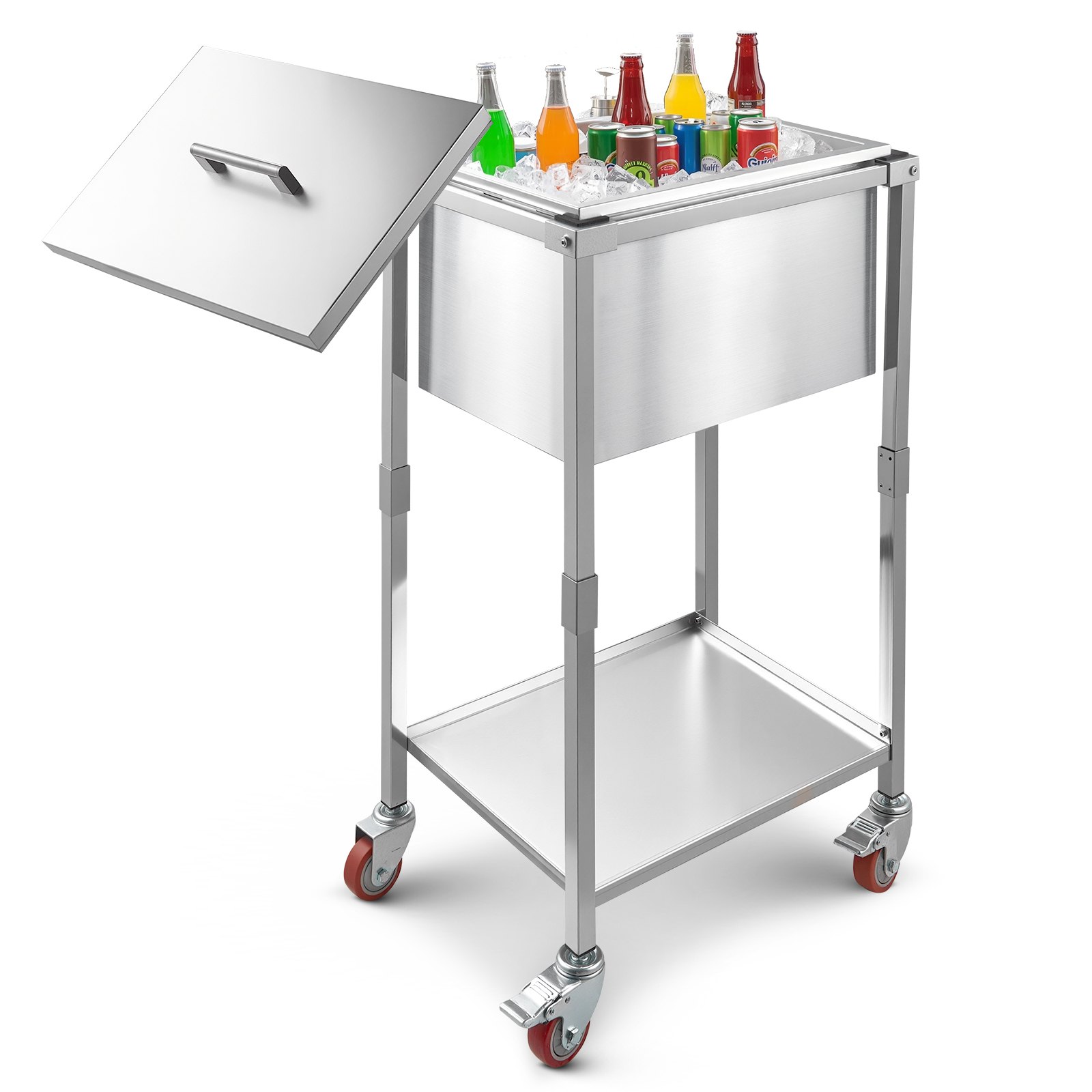 VEVOR Rolling Ice Chest Cooler Cart, 22"L x 16"W x 38"H (553 x 405 x 970 mm) Stainless Steel Cooling Bin on Wheels, 31L Outdoor Stand Up Cooler Trolley with Shelf, for Patio Backyard Party Bar