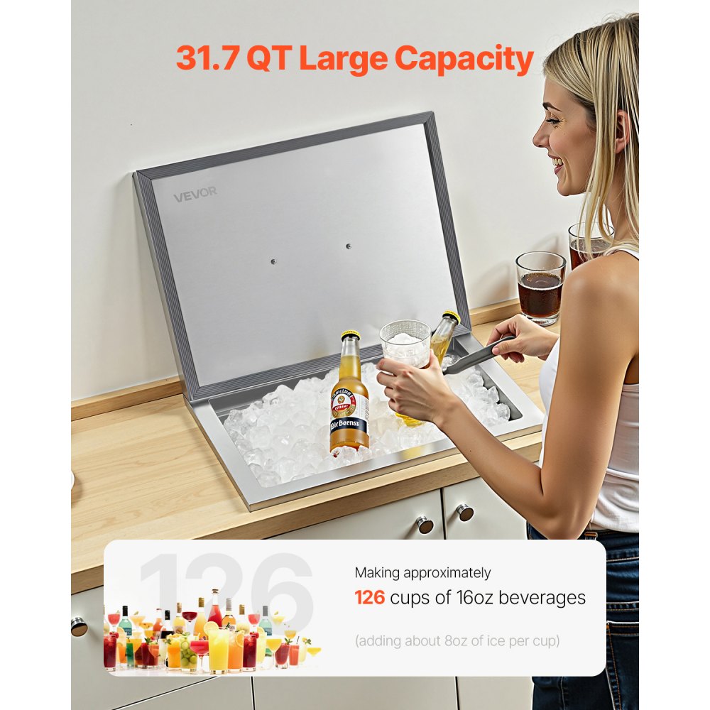 VEVOR Drop in Ice Chest, 20"L x 14"W x 12"H (508 x 355 x 306 mm) Stainless Steel Drop in Cooler, 30L Commercial Ice Bin with Pot Lid for Outdoor, Drain-pipe Set Included, for Cold Wine Beer