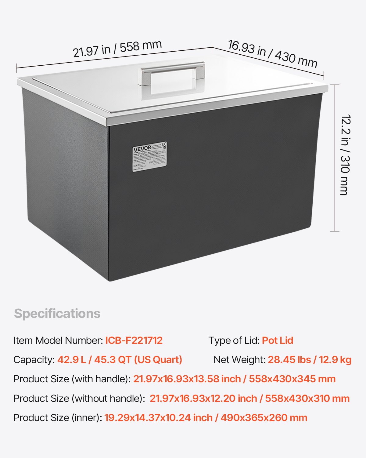 VEVOR Drop in Ice Chest, 22"L x 17"W x 12"H Stainless Steel Drop in Cooler, 45.3 Quart Commercial Ice Bin with Pot Lid for Outdoor Kitchen Patio Bar, Drain-pipe Set Included, for Cold Wine Beer