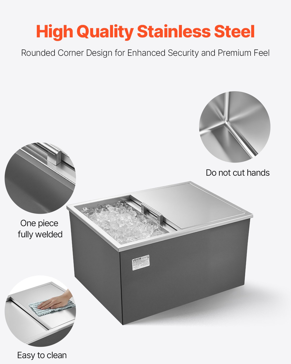 VEVOR Drop in Ice Chest, 24"L x 18"W x 13"H Stainless Steel Drop in Cooler, 57.8 Quart Commercial Ice Bin with Sliding Lid for Outdoor Kitchen Patio Bar, Drain-pipe Set Included, for Cold Wine Beer