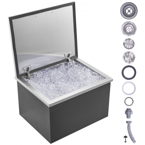VEVOR Drop in Ice Chest, 20"L x 16"W x 13"H Stainless Steel Ice Cooler, Commercial Ice Bin with Hinged Cover, 40 qt Outdoor Kitchen Ice Bar, Drain-pipe and Drain Plug Included, for Cold Wine Beer