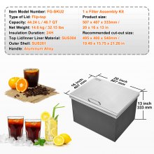 VEVOR Drop in Ice Chest, 20"L x 16"W x 13"H Stainless Steel Ice Cooler, Commercial Ice Bin with Hinged Cover, 40 qt Outdoor Kitchen Ice Bar, Drain-pipe and Drain Plug Included, for Cold Wine Beer