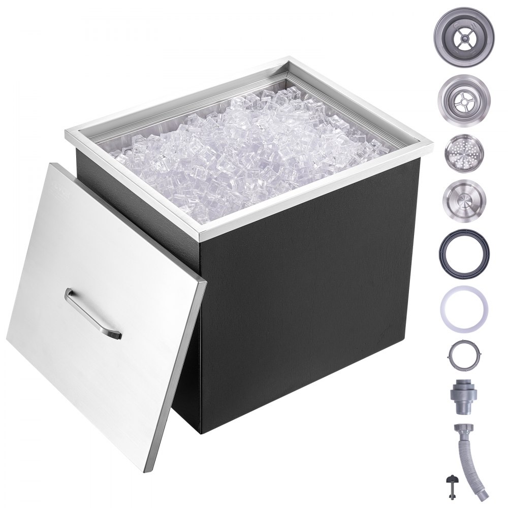 VEVOR drop-in-iskiste, 21"L x 17"B x 18"H iskøler i rustfrit stål, kommerciel isbeholder med låg, 40 qt udendørs køkken-isbar, afløbsrør og afløbsprop inkluderet, til kold vinøl
