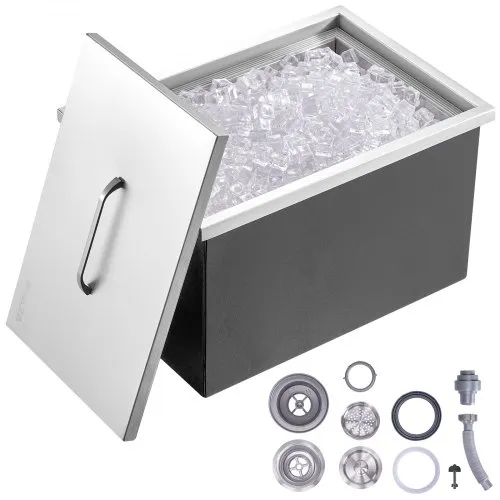 VEVOR Drop in Ice Chest, 22"L x 17"W x 12"H Stainless Steel Ice Cooler, Commercial Ice Bin with Cover, 40 qt Outdoor Kitchen Ice Bar, Drain-pipe and Drain Plug Included, for Cold Wine Beer