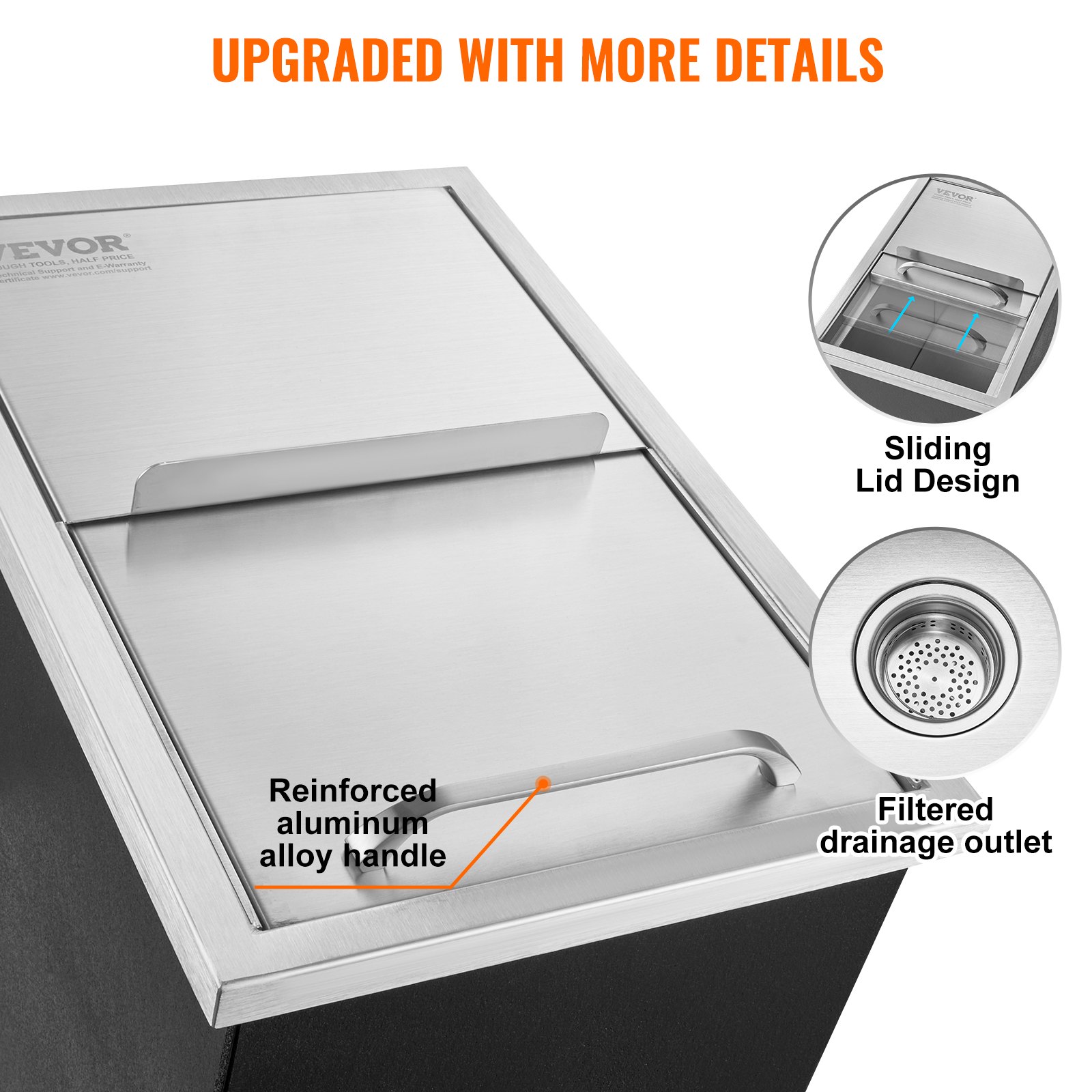 VEVOR Drop in Ice Chest, 46 cm L x 30.5 cm W x 36.8 cm H Stainless Steel Ice Cooler, Commercial Ice Bin with Sliding Cover, 38.7 L Outdoor Kitchen Ice Bar, Drain-pipe and Drain Plug Included, for Cold Wine Beer