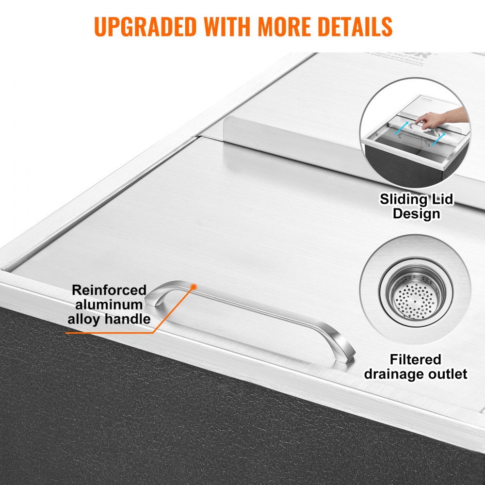 VEVOR Drop in Ice Chest, 24"L x 18"W x 13"H Stainless Steel Ice Cooler, Commercial Ice Bin with Sliding Cover, 40.9 qt Outdoor Kitchen Ice Bar, Drain-pipe and Drain Plug Included, for Cold Wine Beer