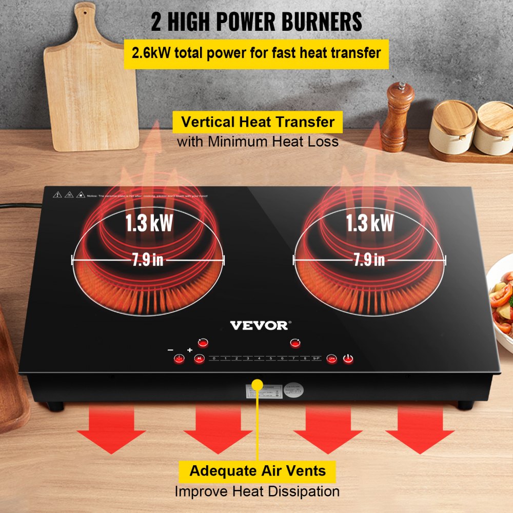 VEVOR Built-in Induction Electric Stove Top 24 Inch,2 Horizontal Burners Electric Cooktop,9 Power Levels & Sensor Touch Control,Easy to Clean Ceramic Glass Surface,Child Safety Lock,110V