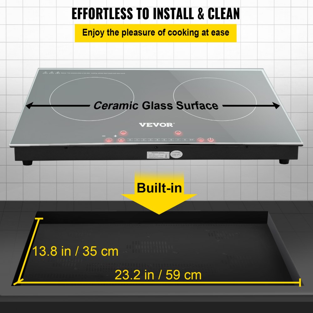 VEVOR Built-in Induction Electric Stove Top 24 Inch,2 Horizontal Burners Electric Cooktop,9 Power Levels & Sensor Touch Control,Easy to Clean Ceramic Glass Surface,Child Safety Lock,110V