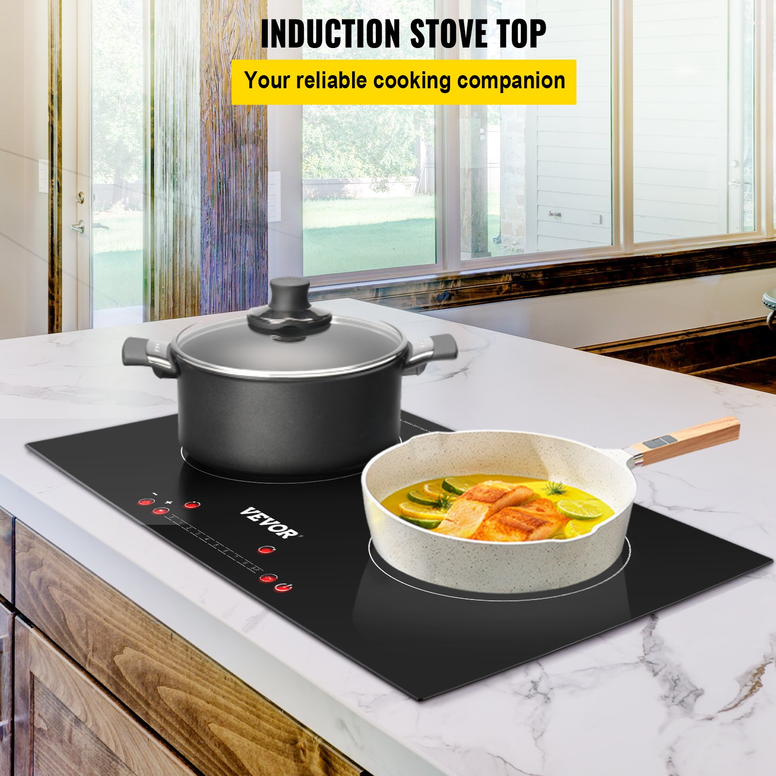VEVOR Built-in Induction Electric Stove Top 24 Inch,2 Horizontal Burners Electric Cooktop,9 Power Levels & Sensor Touch Control,Easy to Clean Ceramic Glass Surface,Child Safety Lock,110V