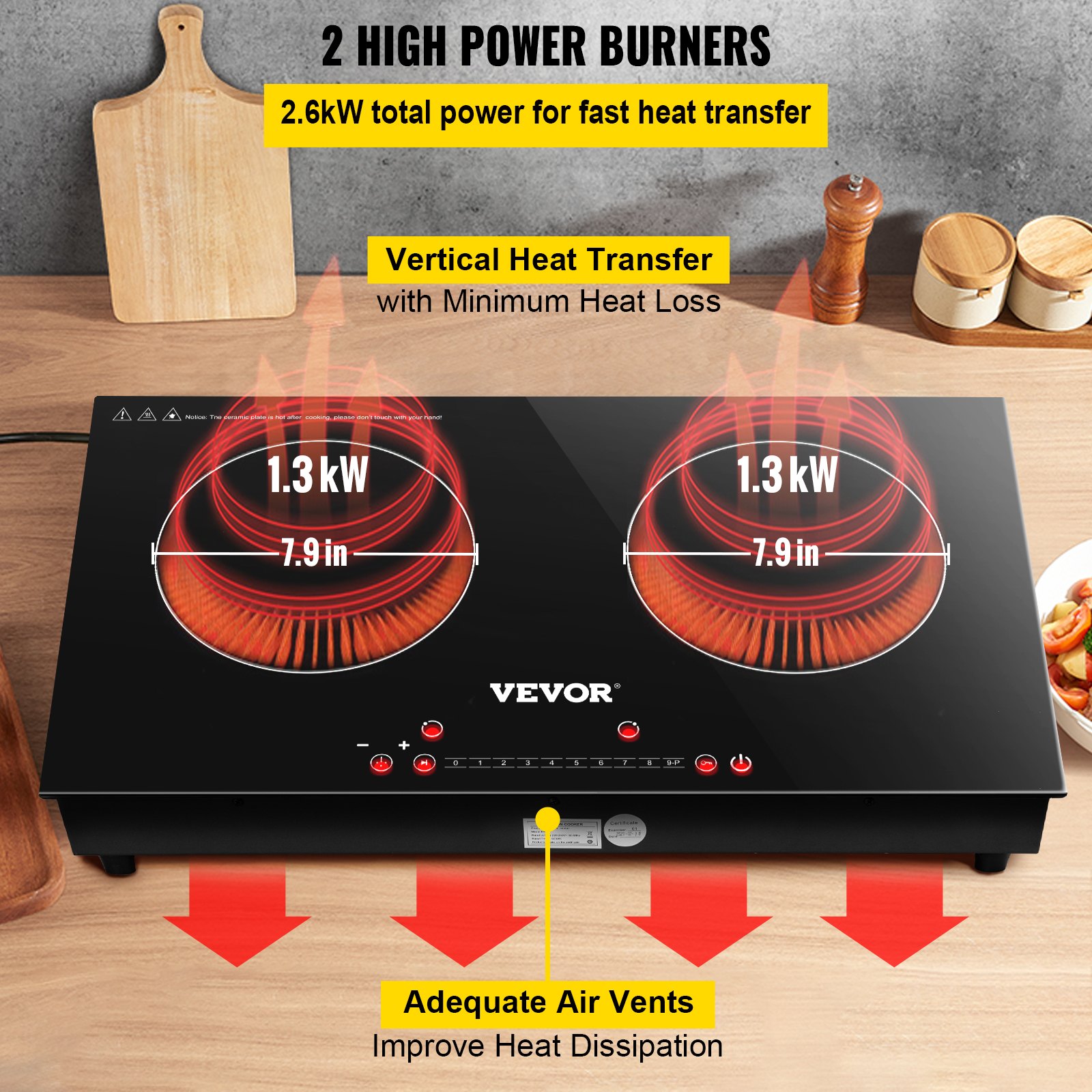 VEVOR Built-in Induction Electric Stove Top 24 Inch,2 Horizontal Burners Electric Cooktop,9 Power Levels & Sensor Touch Control,Easy to Clean Ceramic Glass Surface,Child Safety Lock,110V