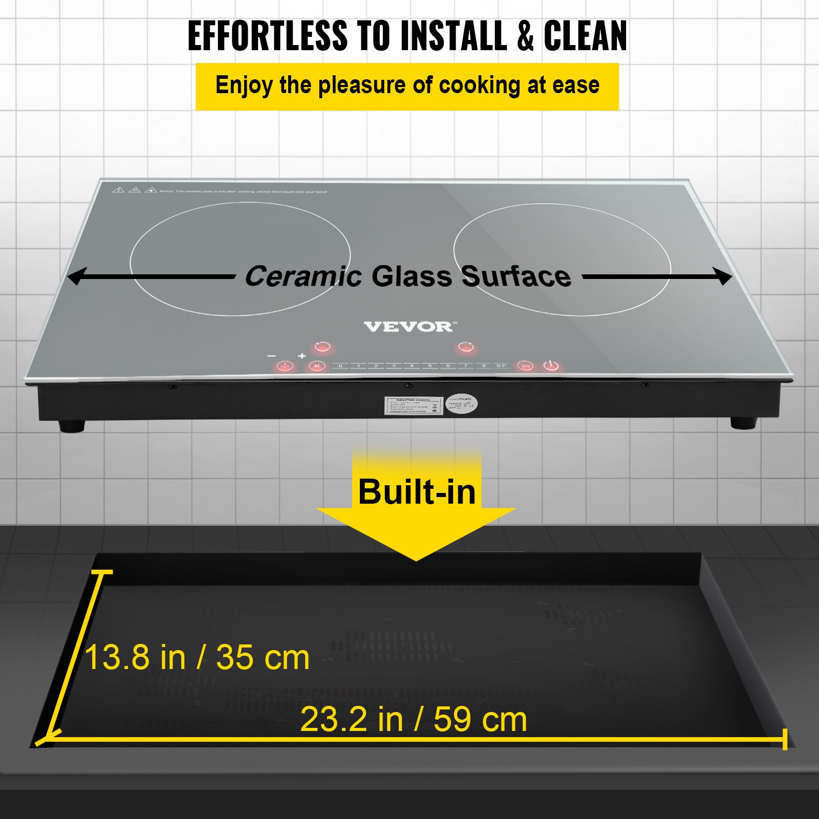 VEVOR Built-in Induction Electric Stove Top 24 Inch,2 Horizontal Burners Electric Cooktop,9 Power Levels & Sensor Touch Control,Easy to Clean Ceramic Glass Surface,Child Safety Lock,110V