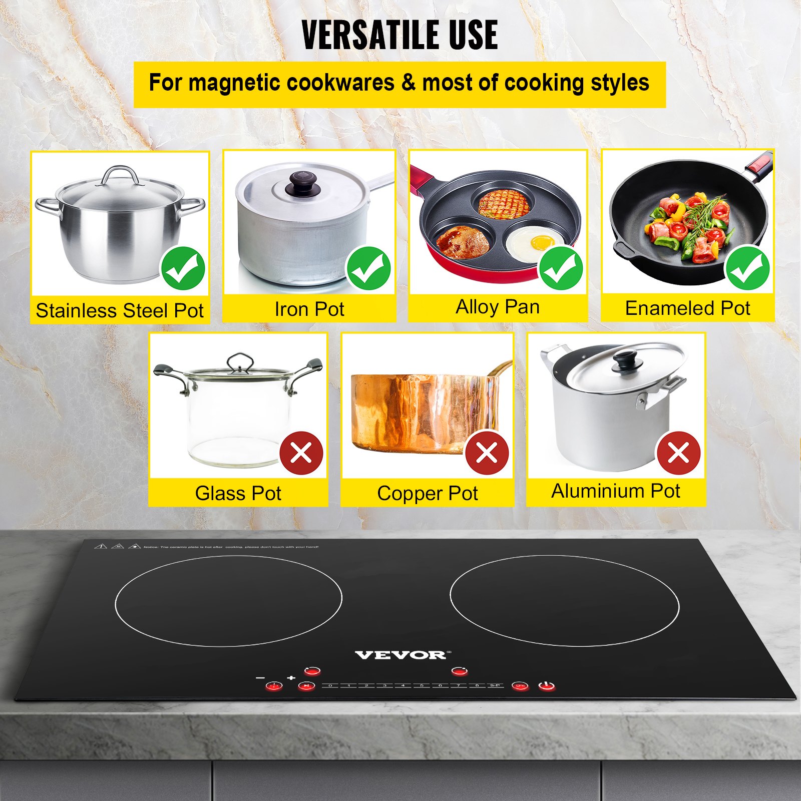 VEVOR Built-in Induction Electric Stove Top 24 Inch,2 Horizontal Burners Electric Cooktop,9 Power Levels & Sensor Touch Control,Easy to Clean Ceramic Glass Surface,Child Safety Lock,110V