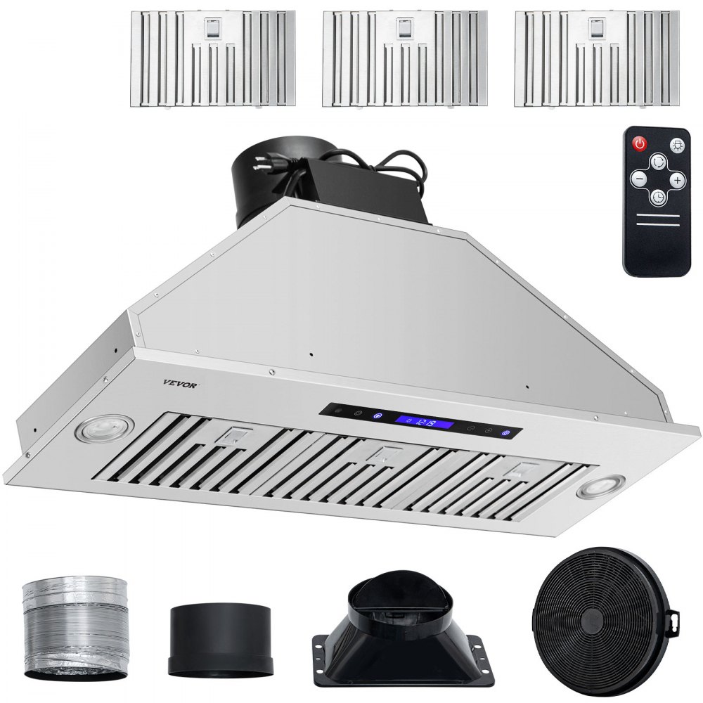 VEVOR insert range hood with filters, remote control, and ducting kit.