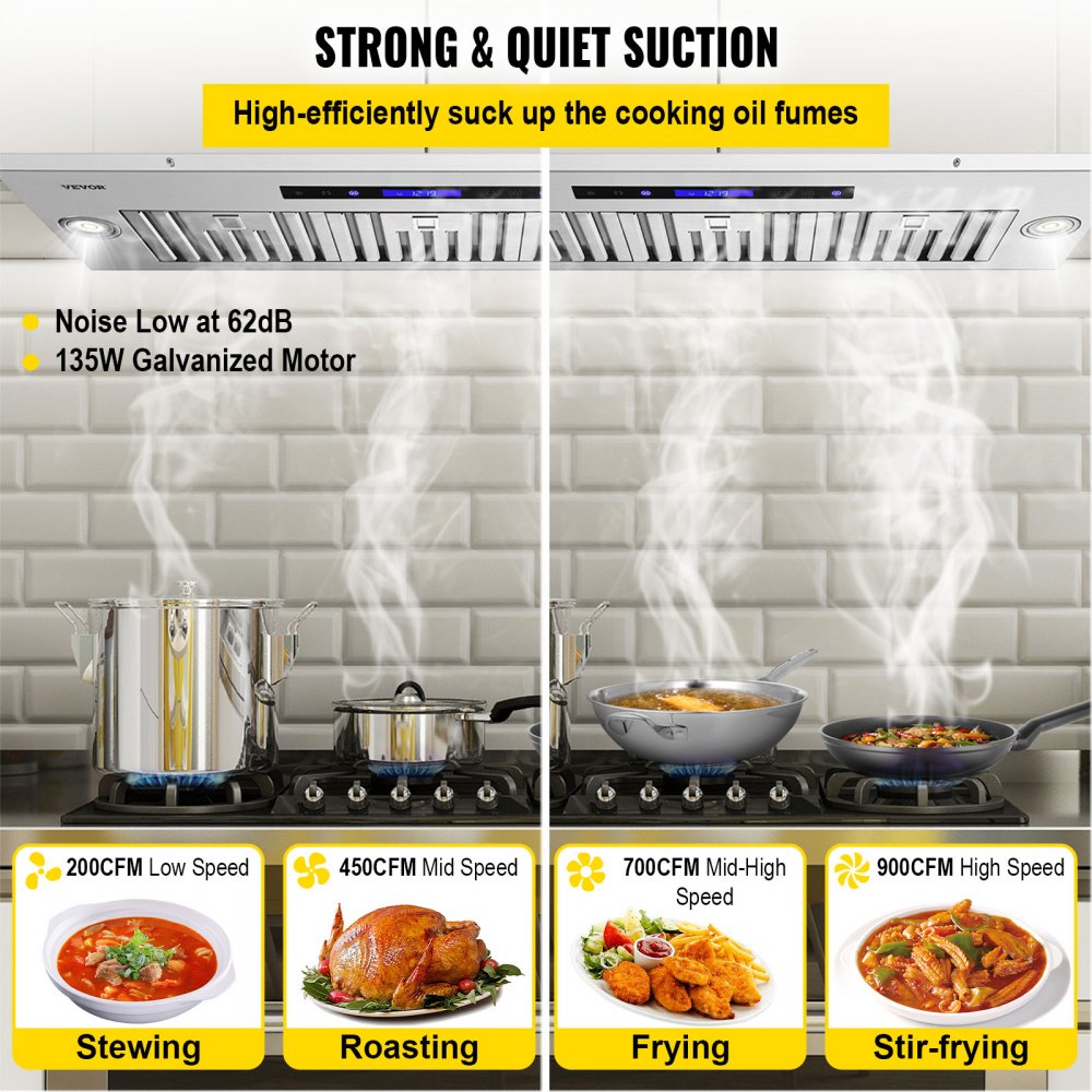 VEVOR Insert Range Hood, 900CFM 4-Speed, 36 Inch Stainless Steel Built-in Kitchen Vent with Touch & Remote Control LED Lights Baffle Filters, Ducted/Ductless Convertible, ETL Listed