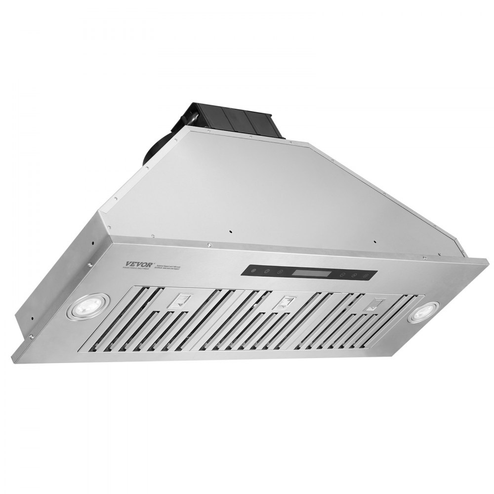Campana extractora empotrable VEVOR, 900 CFM, 4 velocidades, 36 pulgadas, acero inoxidable, con control táctil y remoto, luces LED, filtros deflectores, convertible para instalación con o sin conducto, certificación ETL.