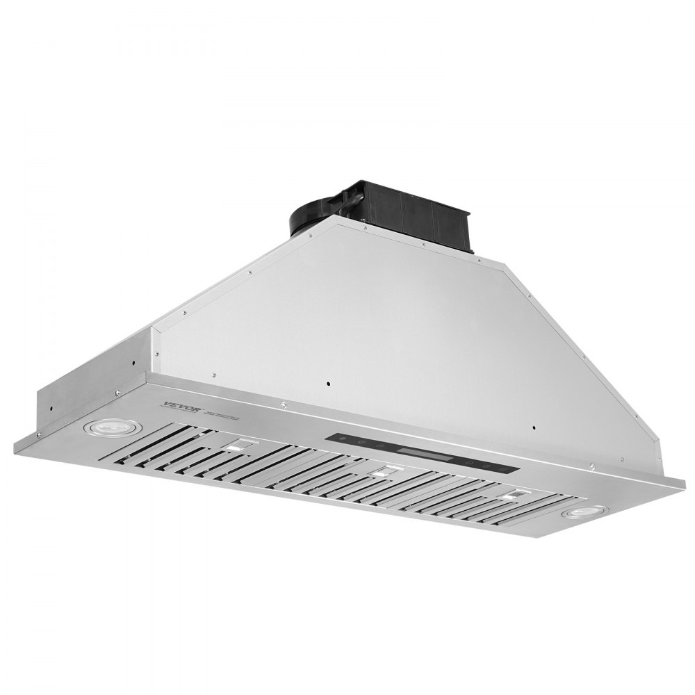 Campana extractora empotrable VEVOR, 900 CFM, 4 velocidades, 36 pulgadas, acero inoxidable, con control táctil y remoto, luces LED, filtros deflectores, convertible para instalación con o sin conducto, certificación ETL.