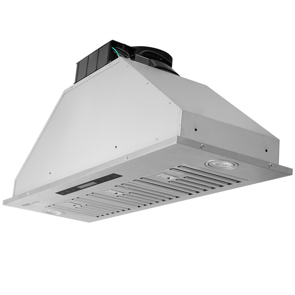 Campana extractora empotrable VEVOR, 900 CFM, 4 velocidades, 36 pulgadas, acero inoxidable, con control táctil y remoto, luces LED, filtros deflectores, convertible para instalación con o sin conducto, certificación ETL.