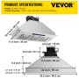 VEVOR insert range hood with dimensions and specifications highlighted against a white background.