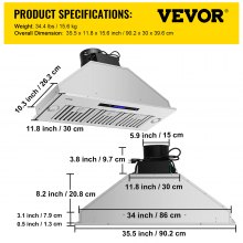 VEVOR Built-in Range Hood Insert Vent Hood 900CFM 36in Touch & Remote Control