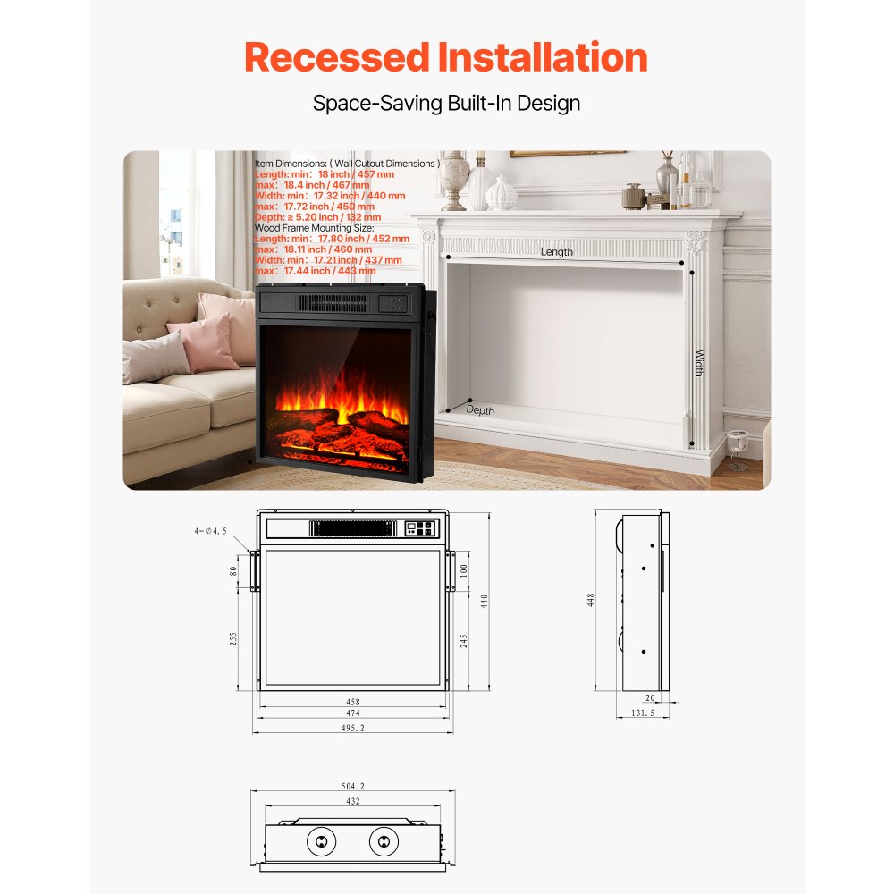 Chimenea eléctrica VEVOR de 45 cm para empotrar en la pared con 3 niveles de brillo de llama ajustables, temporizador de 24 horas y control remoto, calefactor de interior con protección contra sobrecalentamiento, 5000 BTU, color negro