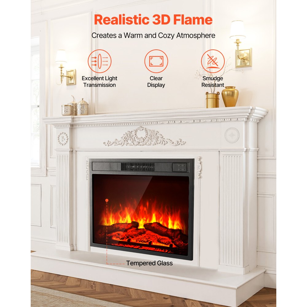 Chimenea eléctrica VEVOR de 58 cm para empotrar en la pared, con 3 niveles de brillo de llama ajustables, temporizador de 24 horas y control remoto, calefactor de interior con protección contra sobrecalentamiento, 5000 BTU, color negro