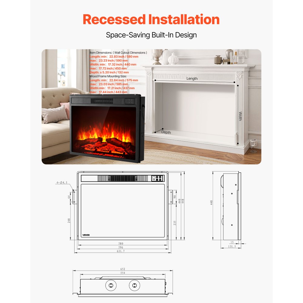 Chimenea eléctrica VEVOR de 58 cm para empotrar en la pared, con 3 niveles de brillo de llama ajustables, temporizador de 24 horas y control remoto, calefactor de interior con protección contra sobrecalentamiento, 5000 BTU, color negro
