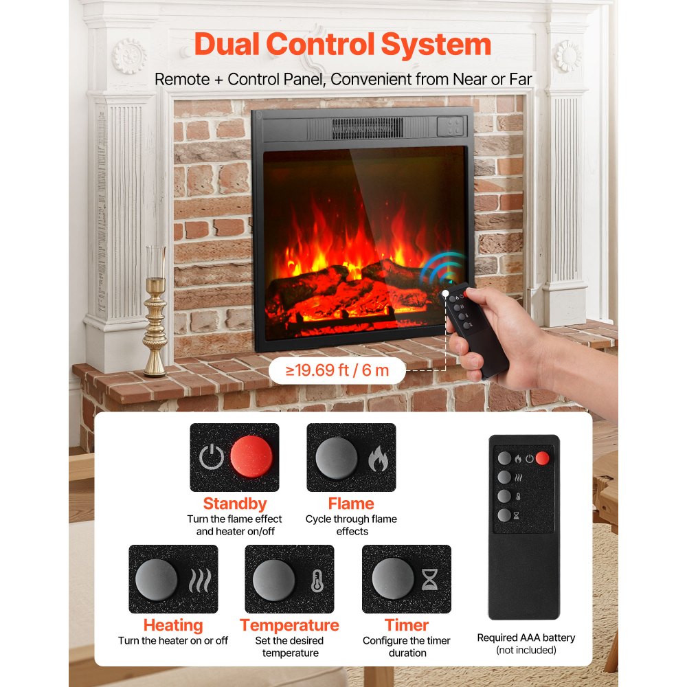 Chimenea eléctrica VEVOR de 58 cm para empotrar en la pared, con 3 niveles de brillo de llama ajustables, temporizador de 24 horas y control remoto, calefactor de interior con protección contra sobrecalentamiento, 5000 BTU, color negro